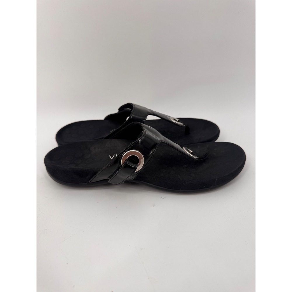 Vionic Lana Sandals Women Size 9 Black Patent Orthopedic Thong Flip Flops